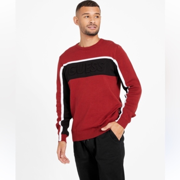 Guess Men's Row Color Block Sweater Deep Red with Striped Crossover Chest Logo M - Picture 1 of 10